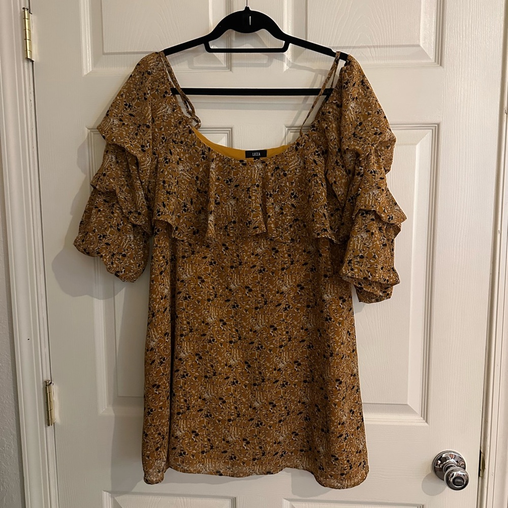 Flowing  Mini Dress 3/4 Off the Shoulder Ruffled Sleeve